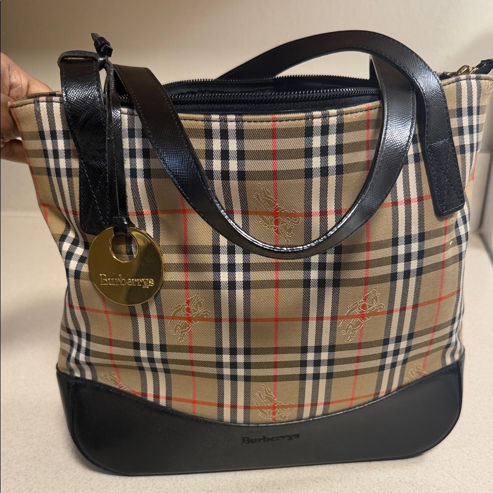 Burberry Plaid Tote Bag - Black and Tan